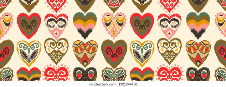 Valentine's day. Seamless pattern with hearts. Ikat geometric folklore ornament. Oriental vector damask print. Ancient art of Arabesque. Tribal ethnic texture. Spanish motif on the carpet.  