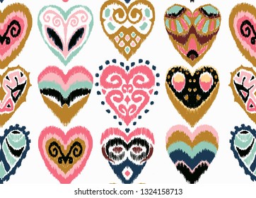 Valentine's day. Seamless pattern with hearts. Ikat geometric folklore ornament. Oriental vector damask print. Ancient art of Arabesque. Tribal ethnic texture. Spanish motif on the carpet.  