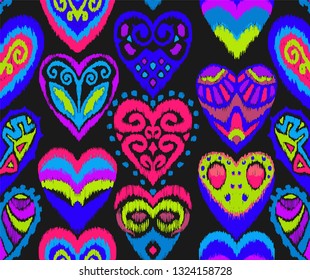 Valentine's day. Seamless pattern with hearts. Ikat geometric folklore ornament. Oriental vector damask print. Ancient art of Arabesque. Tribal ethnic texture. Spanish motif on the carpet.  