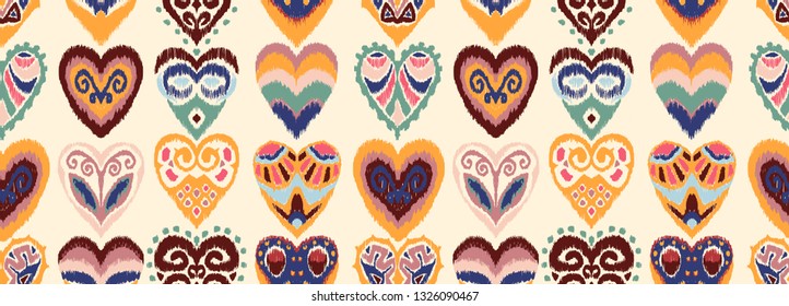 Valentine's day. Seamless pattern with hearts. Ikat geometric folklore ornament. Oriental vector damask print. Ancient art of Arabesque. Tribal ethnic texture. Spanish motif on the carpet.  