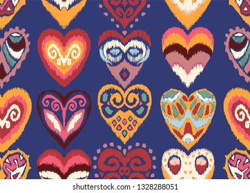 Valentine's day. Seamless pattern with hearts. Ikat geometric folklore ornament. Oriental vector damask print. Ancient art of Arabesque. Tribal ethnic texture. Spanish motif on the carpet.  