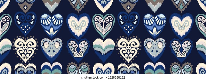 Valentine's day. Seamless pattern with hearts. Ikat geometric folklore ornament. Oriental vector damask print. Ancient art of Arabesque. Tribal ethnic texture. Spanish motif on the carpet.  