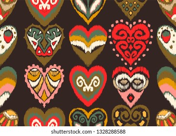 Valentine's day. Seamless pattern with hearts. Ikat geometric folklore ornament. Oriental vector damask print. Ancient art of Arabesque. Tribal ethnic texture. Spanish motif on the carpet.  
