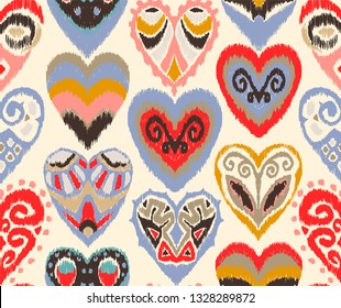 Valentine's day. Seamless pattern with hearts. Ikat geometric folklore ornament. Oriental vector damask print. Ancient art of Arabesque. Tribal ethnic texture. Spanish motif on the carpet.  