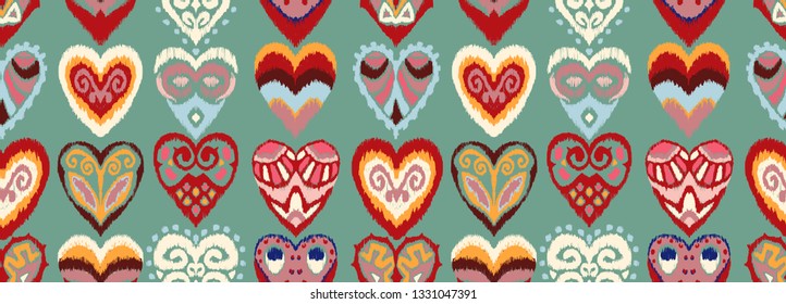 Valentine's day. Seamless pattern with hearts. Ikat geometric folklore ornament. Oriental vector damask print. Ancient art of Arabesque. Tribal ethnic texture. Spanish motif on the carpet.  