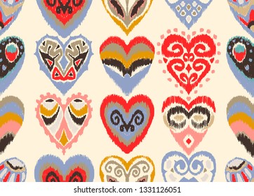 Valentine's day. Seamless pattern with hearts. Ikat geometric folklore ornament. Oriental vector damask print. Ancient art of Arabesque. Tribal ethnic texture. Spanish motif on the carpet.  