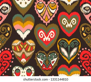 Valentine's day. Seamless pattern with hearts. Ikat geometric folklore ornament. Oriental vector damask print. Ancient art of Arabesque. Tribal ethnic texture. Spanish motif on the carpet.  