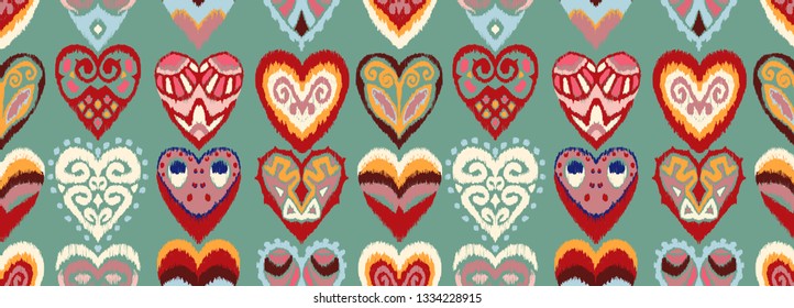 Valentine's day. Seamless pattern with hearts. Ikat geometric folklore ornament. Oriental vector damask print. Ancient art of Arabesque. Tribal ethnic texture. Spanish motif on the carpet.  