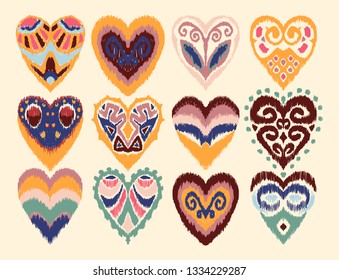Valentine's day. Seamless pattern with hearts. Ikat geometric folklore ornament. Oriental vector damask print. Ancient art of Arabesque. Tribal ethnic texture. Spanish motif on the carpet.  