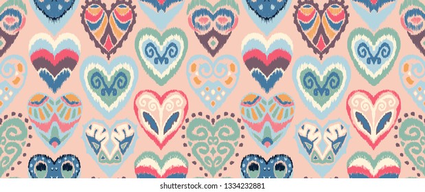 Valentine's day. Seamless pattern with hearts. Ikat geometric folklore ornament. Oriental vector damask print. Ancient art of Arabesque. Tribal ethnic texture. Spanish motif on the carpet.  