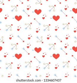 Valentines day seamless pattern with hearts, bow and arrows. Vector texture in flat style. Red, gold and light blue colors.