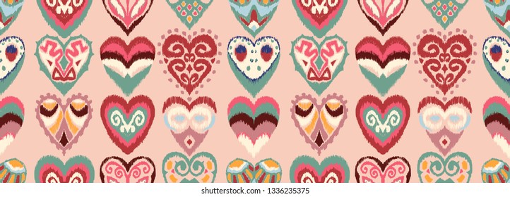 Valentine's day. Seamless pattern with hearts. Ikat geometric folklore ornament. Oriental vector damask print. Ancient art of Arabesque. Tribal ethnic texture. Spanish motif on the carpet.  