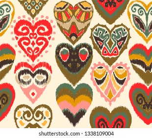 Valentine's day. Seamless pattern with hearts. Ikat geometric folklore ornament. Oriental vector damask print. Ancient art of Arabesque. Tribal ethnic texture. Spanish motif on the carpet.  