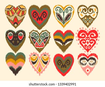 Valentine's day. Seamless pattern with hearts. Ikat geometric folklore ornament. Oriental vector damask print. Ancient art of Arabesque. Tribal ethnic texture. Spanish motif on the carpet.  