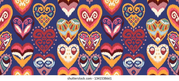 Valentine's day. Seamless pattern with hearts. Ikat geometric folklore ornament. Oriental vector damask print. Ancient art of Arabesque. Tribal ethnic texture. Spanish motif on the carpet.  