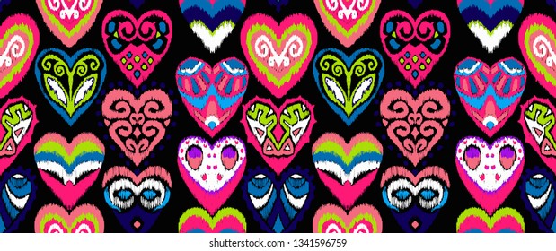 Valentine's day. Seamless pattern with hearts. Ikat geometric folklore ornament. Oriental vector damask print. Ancient art of Arabesque. Tribal ethnic texture. Spanish motif on the carpet.  