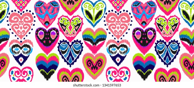 Valentine's day. Seamless pattern with hearts. Ikat geometric folklore ornament. Oriental vector damask print. Ancient art of Arabesque. Tribal ethnic texture. Spanish motif on the carpet.  