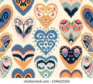 Valentine's day. Seamless pattern with hearts. Ikat geometric folklore ornament. Oriental vector damask print. Ancient art of Arabesque. Tribal ethnic texture. Spanish motif on the carpet.  