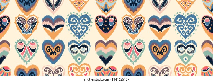 Valentine's day. Seamless pattern with hearts. Ikat geometric folklore ornament. Oriental vector damask print. Ancient art of Arabesque. Tribal ethnic texture. Spanish motif on the carpet.  