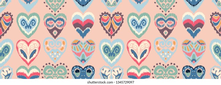 Valentine's day. Seamless pattern with hearts. Ikat geometric folklore ornament. Oriental vector damask print. Ancient art of Arabesque. Tribal ethnic texture. Spanish motif on the carpet.  