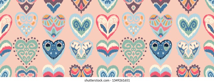 Valentine's day. Seamless pattern with hearts. Ikat geometric folklore ornament. Oriental vector damask print. Ancient art of Arabesque. Tribal ethnic texture. Spanish motif on the carpet.  