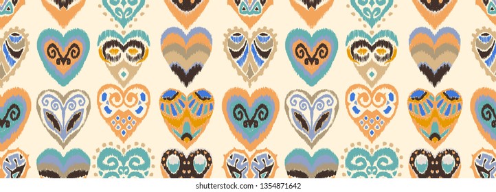 Valentine's day. Seamless pattern with hearts. Ikat geometric folklore ornament. Oriental vector damask print. Ancient art of Arabesque. Tribal ethnic texture. Spanish motif on the carpet.  