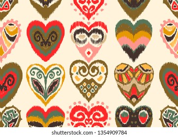 Valentine's day. Seamless pattern with hearts. Ikat geometric folklore ornament. Oriental vector damask print. Ancient art of Arabesque. Tribal ethnic texture. Spanish motif on the carpet.  