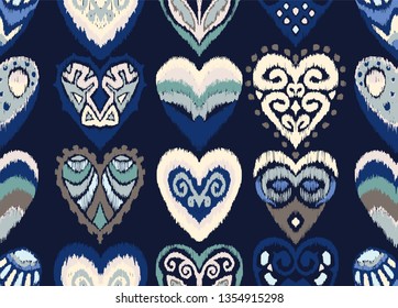 Valentine's day. Seamless pattern with hearts. Ikat geometric folklore ornament. Oriental vector damask print. Ancient art of Arabesque. Tribal ethnic texture. Spanish motif on the carpet.  