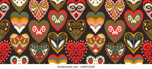 Valentine's day. Seamless pattern with hearts. Ikat geometric folklore ornament. Oriental vector damask print. Ancient art of Arabesque. Tribal ethnic texture. Spanish motif on the carpet.  