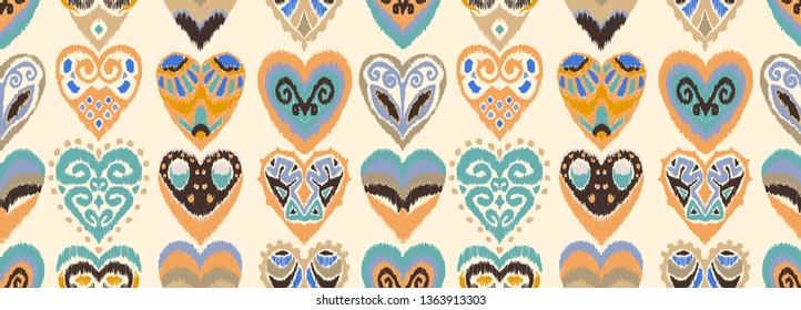 Valentine's day. Seamless pattern with hearts. Ikat geometric folklore ornament. Oriental vector damask print. Ancient art of Arabesque. Tribal ethnic texture. Spanish motif on the carpet.  