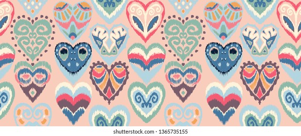Valentine's day. Seamless pattern with hearts. Ikat geometric folklore ornament. Oriental vector damask print. Ancient art of Arabesque. Tribal ethnic texture. Spanish motif on the carpet.  
