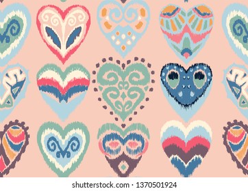 Valentine's day. Seamless pattern with hearts. Ikat geometric folklore ornament. Oriental vector damask print. Ancient art of Arabesque. Tribal ethnic texture. Spanish motif on the carpet.  