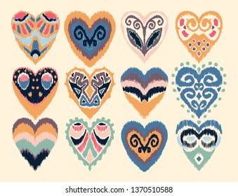 Valentine's day. Seamless pattern with hearts. Ikat geometric folklore ornament. Oriental vector damask print. Ancient art of Arabesque. Tribal ethnic texture. Spanish motif on the carpet.  