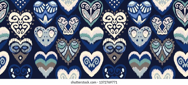 Valentine's day. Seamless pattern with hearts. Ikat geometric folklore ornament. Oriental vector damask print. Ancient art of Arabesque. Tribal ethnic texture. Spanish motif on the carpet.  