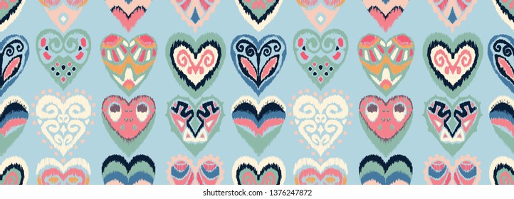Valentine's day. Seamless pattern with hearts. Ikat geometric folklore ornament. Oriental vector damask print. Ancient art of Arabesque. Tribal ethnic texture. Spanish motif on the carpet.  