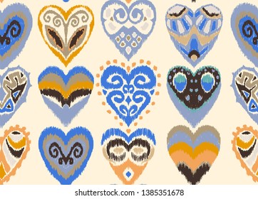 Valentine's day. Seamless pattern with hearts. Ikat geometric folklore ornament. Oriental vector damask print. Ancient art of Arabesque. Tribal ethnic texture. Spanish motif on the carpet.  