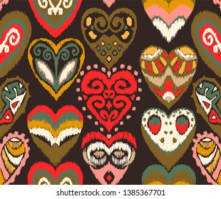 Valentine's day. Seamless pattern with hearts. Ikat geometric folklore ornament. Oriental vector damask print. Ancient art of Arabesque. Tribal ethnic texture. Spanish motif on the carpet.  