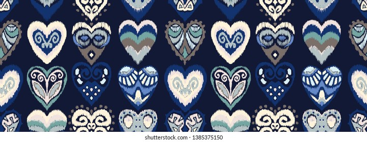 Valentine's day. Seamless pattern with hearts. Ikat geometric folklore ornament. Oriental vector damask print. Ancient art of Arabesque. Tribal ethnic texture. Spanish motif on the carpet.  