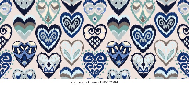 Valentine's day. Seamless pattern with hearts. Ikat geometric folklore ornament. Oriental vector damask print. Ancient art of Arabesque. Tribal ethnic texture. Spanish motif on the carpet.  