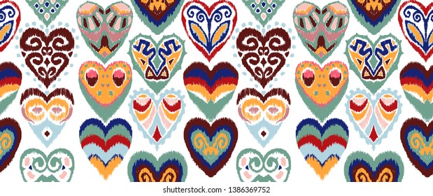 Valentine's day. Seamless pattern with hearts. Ikat geometric folklore ornament. Oriental vector damask print. Ancient art of Arabesque. Tribal ethnic texture. Spanish motif on the carpet.  