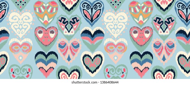 Valentine's day. Seamless pattern with hearts. Ikat geometric folklore ornament. Oriental vector damask print. Ancient art of Arabesque. Tribal ethnic texture. Spanish motif on the carpet.  