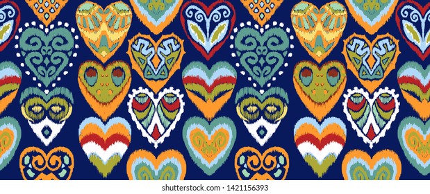 Valentine's day. Seamless pattern with hearts. Ikat geometric folklore ornament. Oriental vector damask print. Ancient art of Arabesque. Tribal ethnic texture. Spanish motif on the carpet.