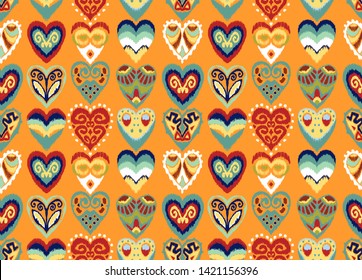 Valentine's day. Seamless pattern with hearts. Ikat geometric folklore ornament. Oriental vector damask print. Ancient art of Arabesque. Tribal ethnic texture. Spanish motif on the carpet.