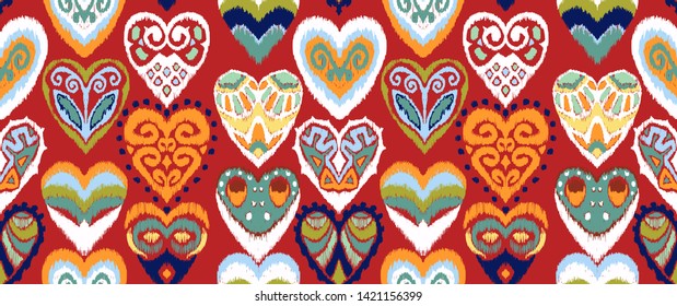 Valentine's day. Seamless pattern with hearts. Ikat geometric folklore ornament. Oriental vector damask print. Ancient art of Arabesque. Tribal ethnic texture. Spanish motif on the carpet.