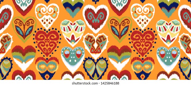 Valentine's day. Seamless pattern with hearts. Ikat geometric folklore ornament. Oriental vector damask print. Ancient art of Arabesque. Tribal ethnic texture. Spanish motif on the carpet.
