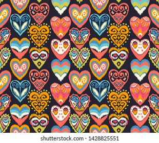 Valentine's day. Seamless pattern with hearts. Ikat geometric folklore ornament. Oriental vector damask print. Ancient art of Arabesque. Tribal ethnic texture. Spanish motif on the carpet.