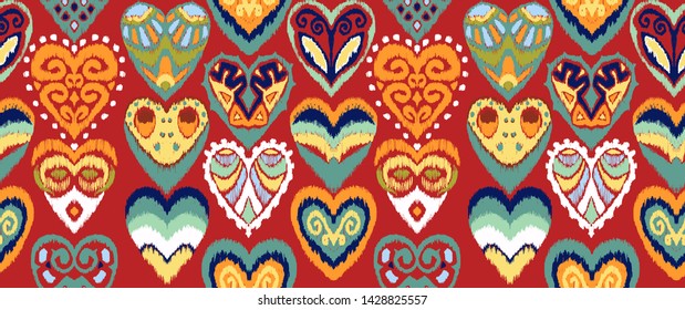 Valentine's day. Seamless pattern with hearts. Ikat geometric folklore ornament. Oriental vector damask print. Ancient art of Arabesque. Tribal ethnic texture. Spanish motif on the carpet.