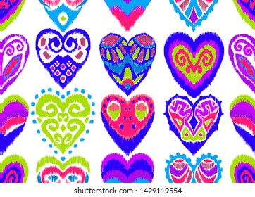 Valentine's day. Seamless pattern with hearts. Ikat geometric folklore ornament. Oriental vector damask print. Ancient art of Arabesque. Tribal ethnic texture. Spanish motif on the carpet.