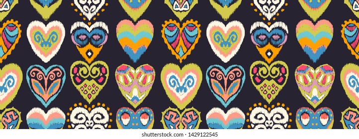 Valentine's day. Seamless pattern with hearts. Ikat geometric folklore ornament. Oriental vector damask print. Ancient art of Arabesque. Tribal ethnic texture. Spanish motif on the carpet.