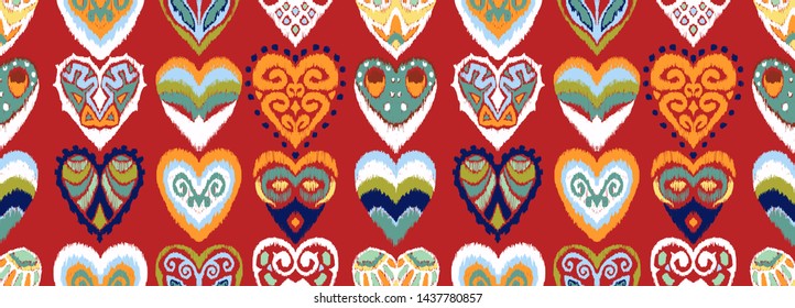 Valentine's day. Seamless pattern with hearts. Ikat geometric folklore ornament. Oriental vector damask print. Ancient art of Arabesque. Tribal ethnic texture. Spanish motif on the carpet.